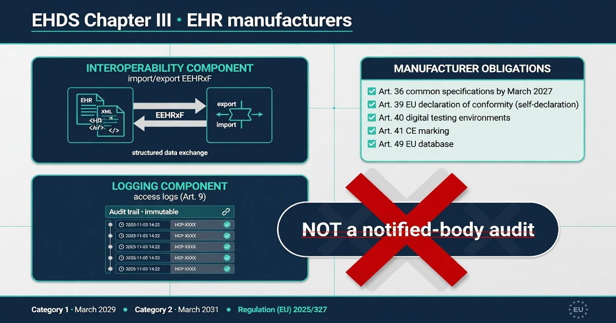 EHDS readiness for EHR manufacturers: certification duties, EEHRxF, and what is not a notified-body audit