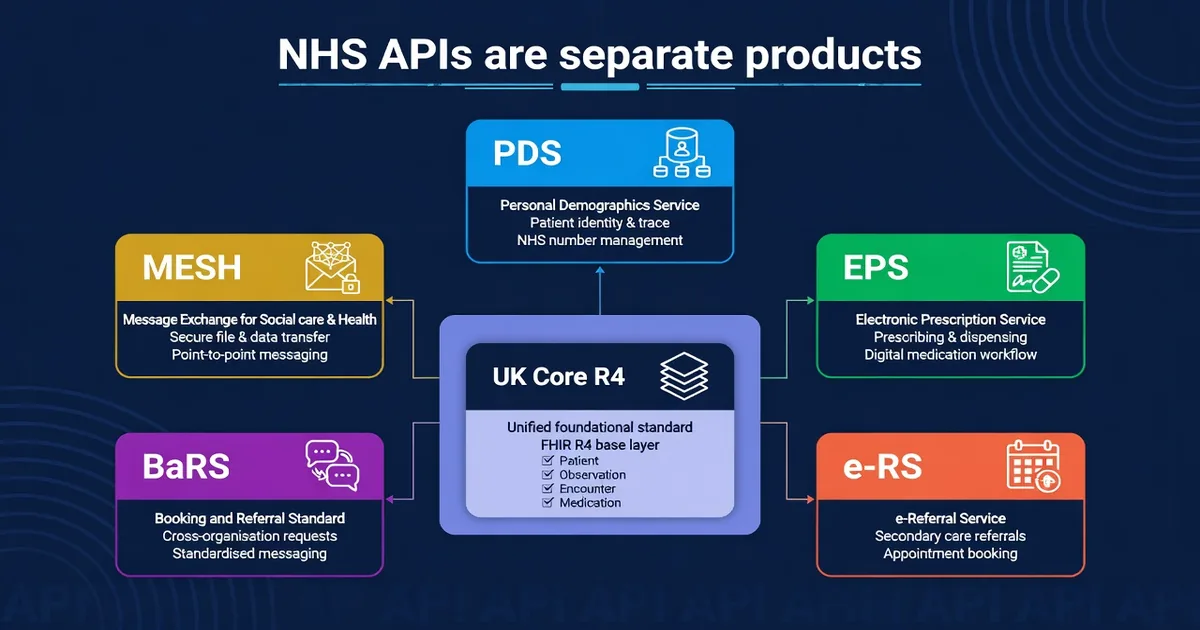 UK Core and NHS APIs: PDS, EPS, e-RS, BaRS and MESH are not one FHIR server