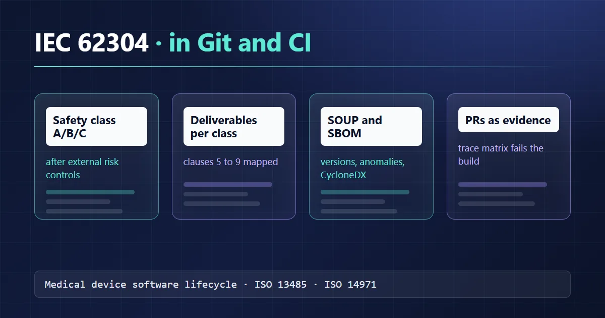 IEC 62304 pour les équipes logicielles : classes de sécurité, livrables exigés et intégration dans Git et la CI